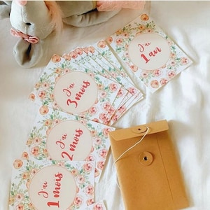 Cartes étapes bébé, mois par mois, champêtre pastel, cadeau naissance, fleurs, babyshower