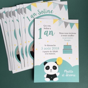 Carte invitation anniversaire, panda turquoise, premier anniversaire, papeterie personnalisée, fête, mint
