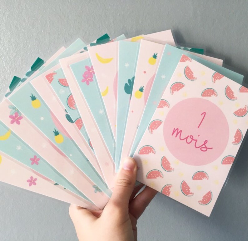 May include: A set of twelve pink and blue cards with different fruit and floral patterns. The cards have a circle in the center with the text '1 mois'.