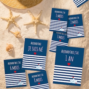 Cartes étapes bébé, mois par mois, mer bateau, marin, marinière