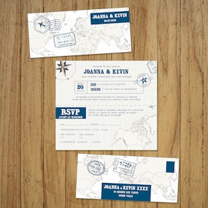 Faire-part mariage voyage, papeterie originale, retro chic, rsvp, bleu