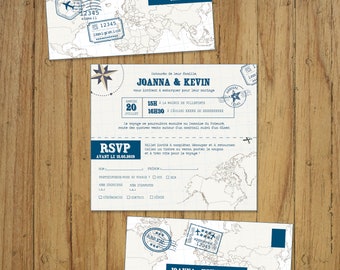 Travel wedding invitation, original stationery, retro chic, rsvp, blue