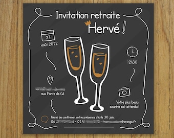 Carte invitation retraite, carton d'invitation, noir et blanc, fête, anniversaire