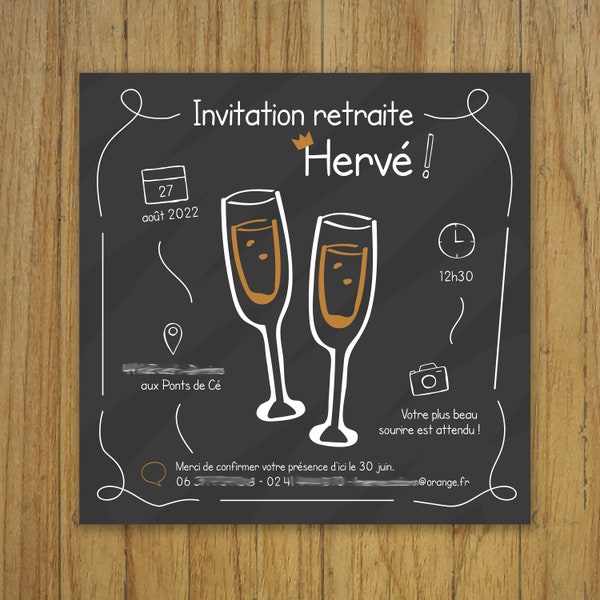 Carte invitation retraite, carton d'invitation, noir et blanc, fête, anniversaire