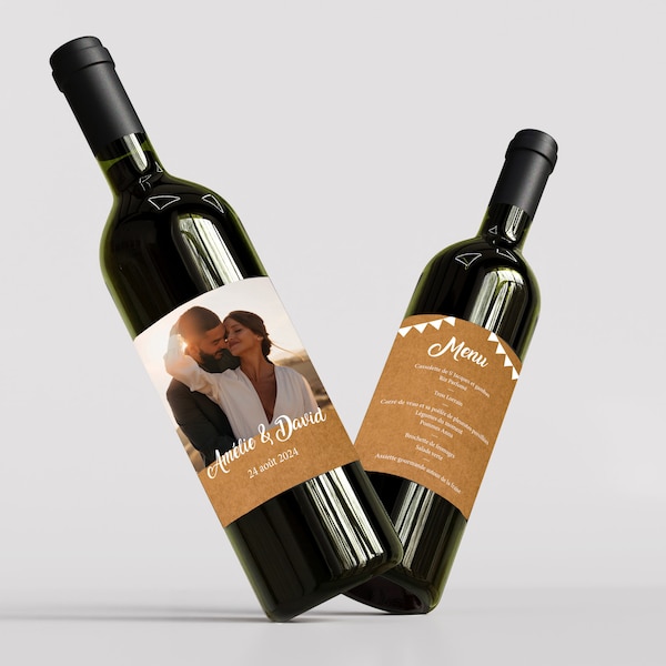 Étiquettes bouteilles de vin, mariage chic, élégant et vintage, kraft