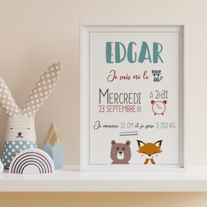 Personalized birth poster, room decoration, baby gift, animals, frame