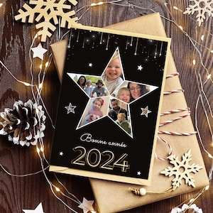 Anpassbare Grußkarte, frohes neues Jahr, Schneestern, Familien, Fotos