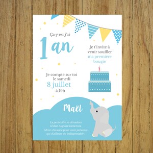 Birthday invitation card, blue elephant, first birthday, personalized stationery, party, boy, paper or digital invitation
