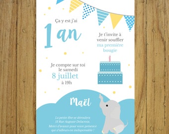 Birthday invitation card, blue elephant, first birthday, personalized stationery, party, boy, paper or digital invitation