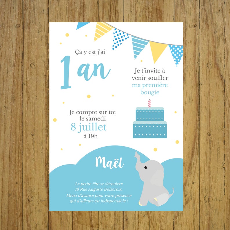 Cartão de convite de aniversário, elefante azul, primeiro aniversário, papelaria personalizada, festa, menino, papel ou convite digital imagem 1