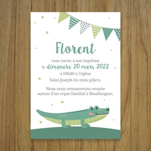 Crocodile baptism announcement, birthday invitation, pennant garland, announcement, pastel