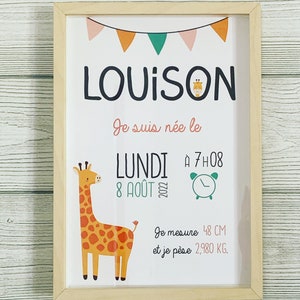 Personalized birth poster, room decoration, baby gift, animals, giraffe