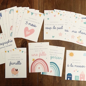 Cartes étapes grossesse, mois par mois, couleurs pastels, cartes bébé, naissance, cadeau