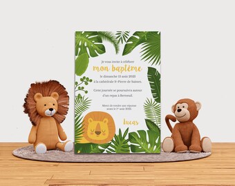 Faire-part invitation baptême, jungle savane, lion, invitation papier ou numérique