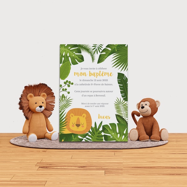 Faire-part invitation baptême, jungle savane, lion, invitation papier ou numérique