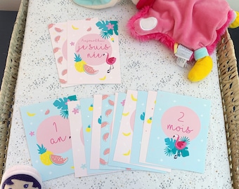 Cartes étapes bébé, mois par mois, flamant rose, cadeau naissance, tropical, babyshower