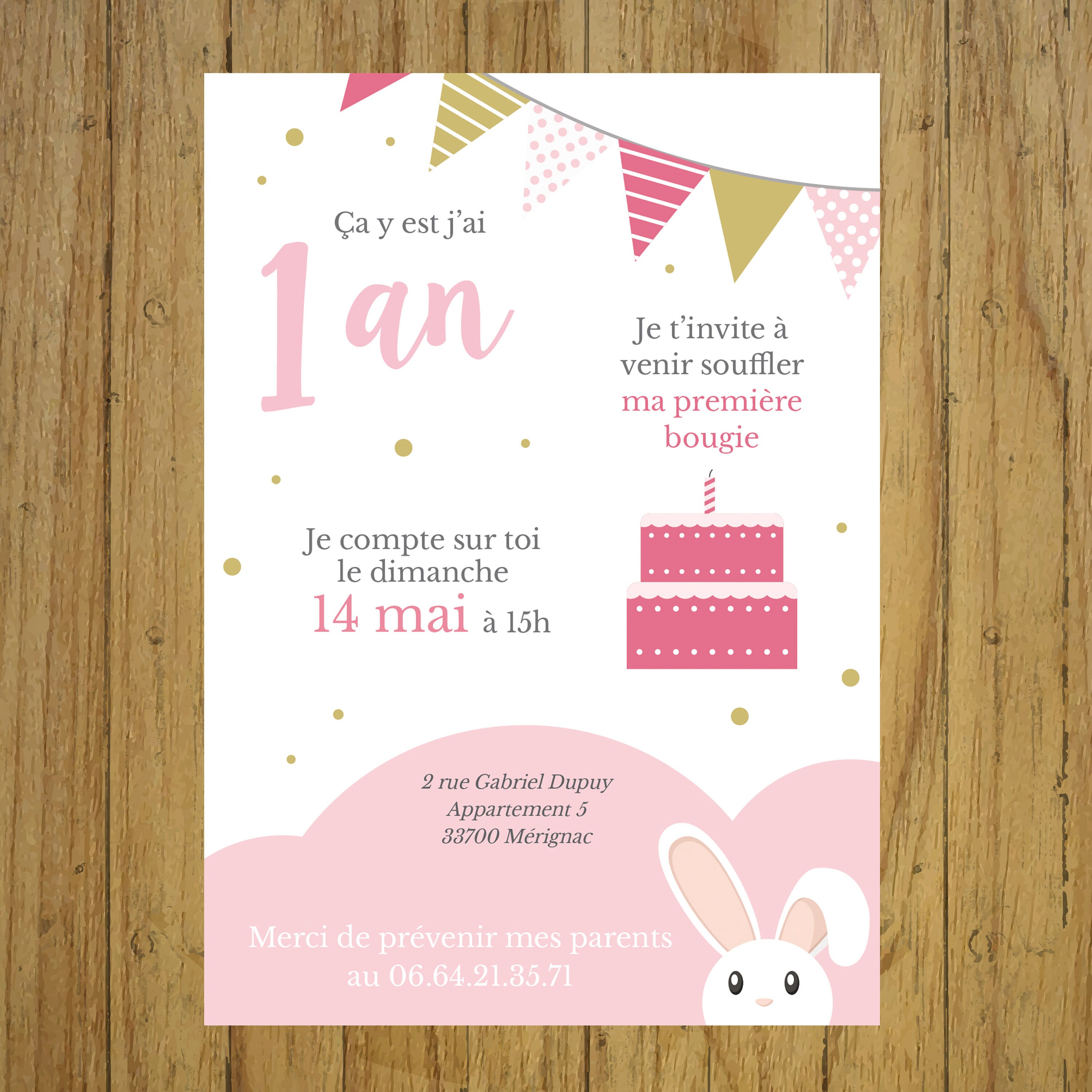 Invitation anniversaire enfant Petit lapin doré │ Planet Cards
