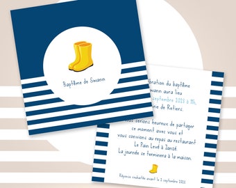 Sailor baptism announcement, yellow boots, birth stationery, sailor, sea, baby, pregnancy