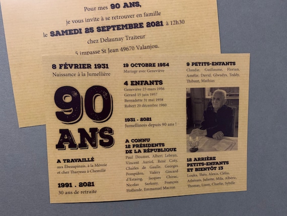 Invitation anniversaire adulte, grande carte, esprit vintage, 90 ans -   France