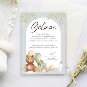 Faire-part baptême Ours, invitation cérémonie, naissance bébé, jouets, aquarelle