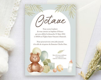Bear baptism announcement, ceremony invitation, baby birth, toys, watercolor