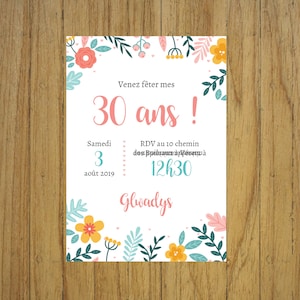 Invitation anniversaire champêtre, carte papeterie, couleurs douces, pastel, fleurs, invitation papier ou numérique