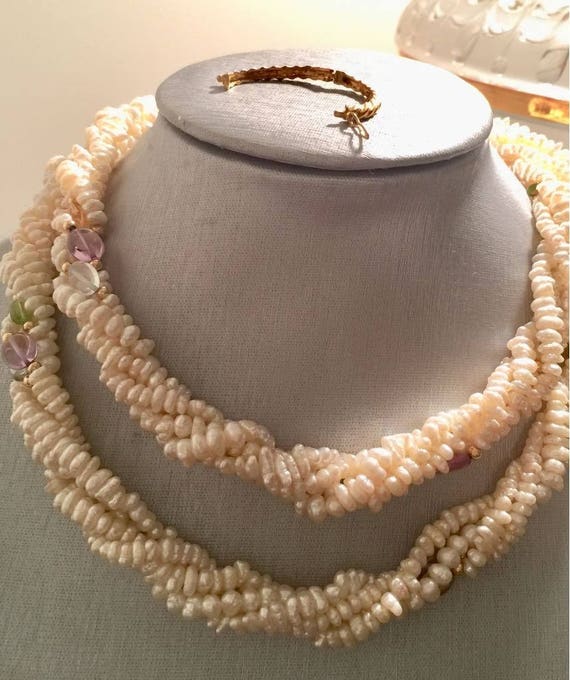 Pearls and semi precious stone set necklace and b… - image 3