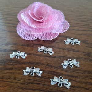 May include: Six silver bow charms with a loop on each side. The charms are on a wooden surface with a pink fabric flower.