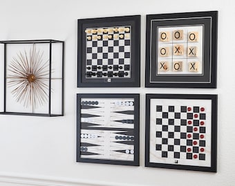 Magnetic Game Room Decor | Chess Set | Backgammon Board | Checkers Set | Tic Tac Toe Board | Functional Wall Decor | B&W Wall Art