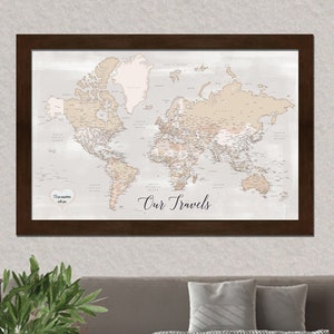 Magnetic Travel Map | Personalized & Framed | Magnetic Push Pin | Wedding Gift | World Travel Tracker Map | Weathered Earth |