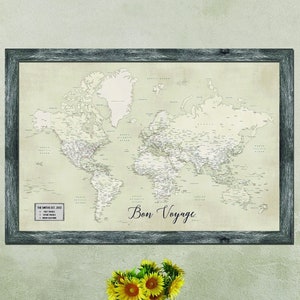 World Travel Tracking Map | Personalized & Framed | Magnetic Push Pin | Wedding Gift | Vintage | Travel Tracking Map |