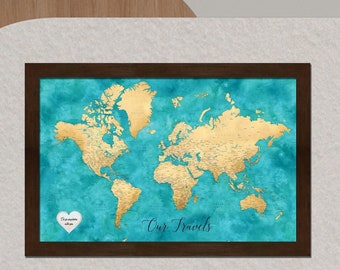 MAGNETIC Travel Map | Personalized & Framed | Magnetic Push Pin | Wedding Gift | Travel Tracker | Turquoise | World Map