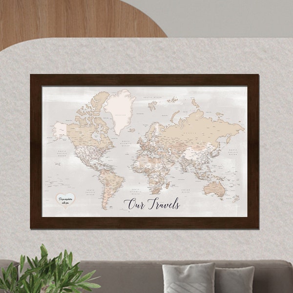 Magnetic Travel Map | Personalized & Framed | Magnetic Push Pin | Wedding Gift | World Travel Tracker Map | Weathered Earth |