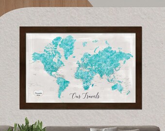 Magnetic World Travel Map with Pins| Personalized & Framed | Magnetic Push Pin | Wedding Gift | Gifts for Travelers | World Map