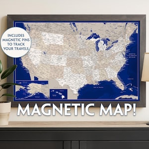 Magnetic USA Travel Map: Personalized Push Pin Board, Midnight Blue