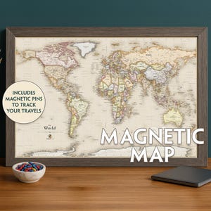 Magnetic World Travel Map with Pins – Distressed Vintage Wall Art for Tracking Travels