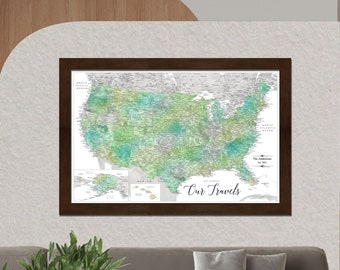 Magnetic USA Map | USA Travel Tracking Map | Personalized & Framed | Magnetic Push Pins | Wedding Gift | Green Spring | Wall Art