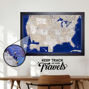 Magnetic United States Map | Personalized & Framed | USA Travel Tracker Map | Magnetic Push Pin | Wedding Gift | Midnight Blue