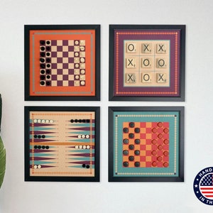 Magnetic Retro Board Game Combo | Functional Wall Art | Chess | Checkers | Tic Tac Toe | Backgammon | Word Tiles | Individual or combo set