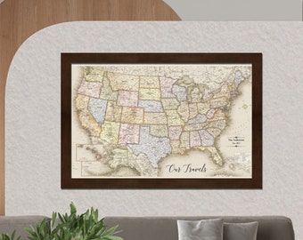 Magnetic USA Travel Map | Personalized & Framed Map | Magnetic Push Pins | Wedding Gift | Gift For Travelers |