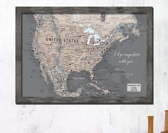 Magnetic USA Travel Map | Custom Frame | Travel Tracker Map | Magnetic Push Pins | Wedding Gift | Gift for Travelers |Taupe Tones USA