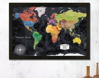 Magnetic World Travel Map with Pins| Personalized & Framed | Magnetic Push Pin | Gifts for Travelers | World Map | Colorful Black Distressed