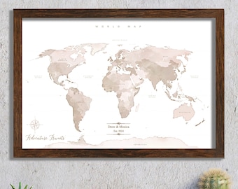 Magnetic World Travel Map with Pins| Personalized & Framed | Magnetic Push Pin | Gifts for Travelers | World Map | Beige World