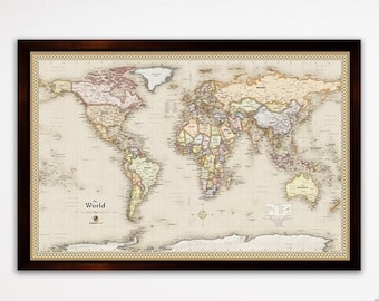 Magnetic Travel Map | Personalized & Framed | Magnetic Push Pin | Wedding Gift | Tan World | Travel Tracker Map |