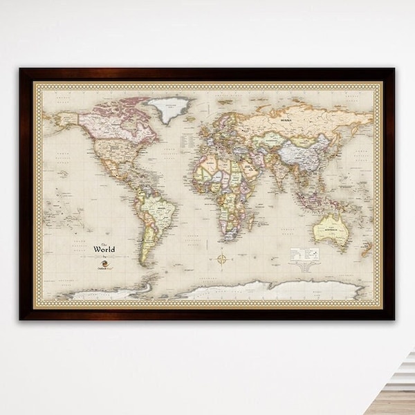 Magnetic Travel Map | Personalized & Framed | Magnetic Push Pin | Wedding Gift | Tan World | Travel Tracker Map |