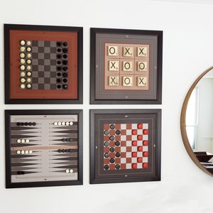 Combo set of four games and Scrabble Modern Functional Magnetic Canvas Chess Decor Checker Set Tic tac toe Wall Art Backgammon Art image 1