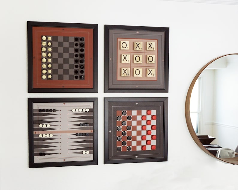 Combo set of four games and Scrabble Modern Functional Magnetic Canvas Chess Decor Checker Set Tic tac toe Wall Art Backgammon Art image 1