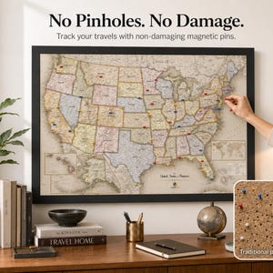 May include: A framed map of the United States of America with a vintage color palette, featuring magnetic pins for tracking travel. The text reads: No Pinholes. No Damage. Track your travels with non-damaging magnetic pins. Traditional push-pin maps.