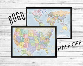 World Travel Map and USA Travel Map |BOGO| Wall Decor |Blue Personalized Framed |Magnetic Pins for tracking adventure|