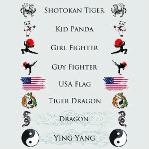 K&ouml;nnte beinhalten: Grafikdesign mit Illustrationen und Text zum Thema Kampfsport. Enth&auml;lt einen Tiger, einen Panda und stilisierte Figuren in Actionposen. Der Text enth&auml;lt "Shotokan Tiger", "Kid Panda", "Girl Fighter" und "USA Flag".